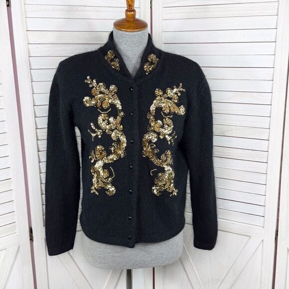 Vintage Karen Scott Sequin Fuzzy Angora Wool Cardigan Sweater Black Gold Medium - Picture 1 of 11
